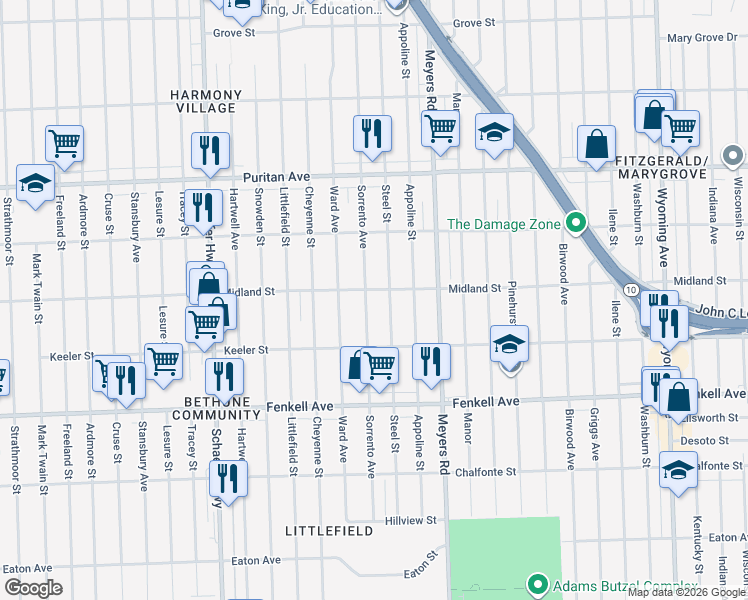 map of restaurants, bars, coffee shops, grocery stores, and more near 15467 Steel Street in Detroit