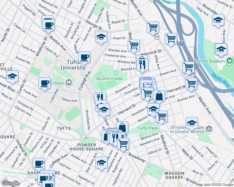 map of restaurants, bars, coffee shops, grocery stores, and more near 100 Princeton Street in Medford