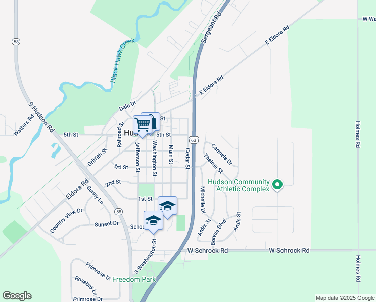 map of restaurants, bars, coffee shops, grocery stores, and more near 401 Cedar Street in Hudson