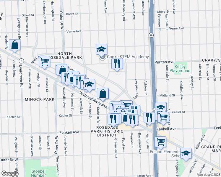 map of restaurants, bars, coffee shops, grocery stores, and more near 18645 Gainsborough Road in Detroit