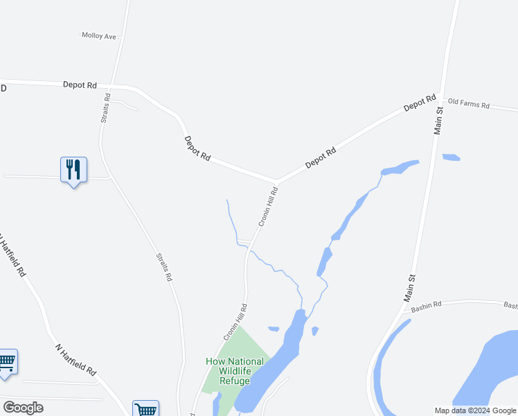 map of restaurants, bars, coffee shops, grocery stores, and more near 8 Cronin Hill Road in Hatfield