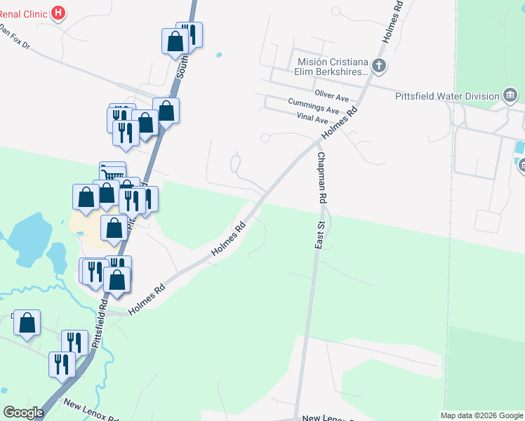 map of restaurants, bars, coffee shops, grocery stores, and more near 128 Holmes Road in Pittsfield