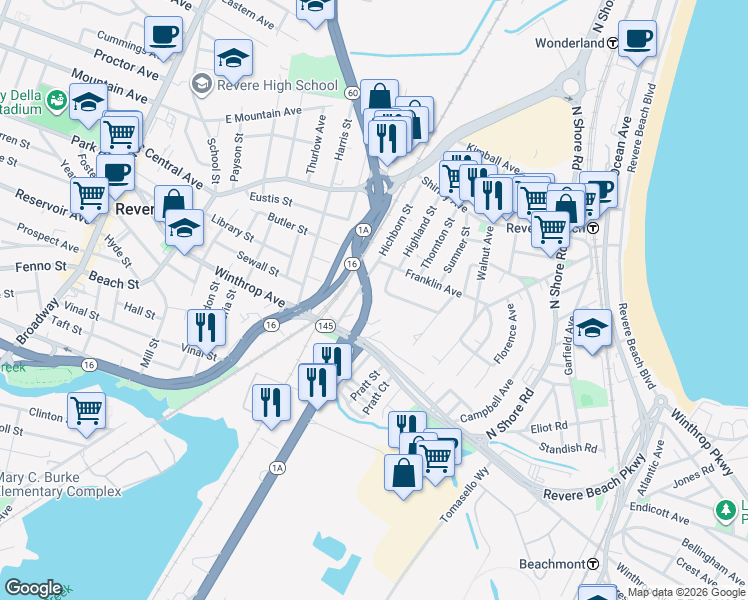 map of restaurants, bars, coffee shops, grocery stores, and more near 395 Lee Burbank Highway in Revere