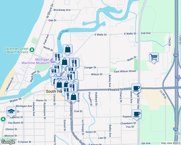 map of restaurants, bars, coffee shops, grocery stores, and more near 718 Wilson Street in South Haven