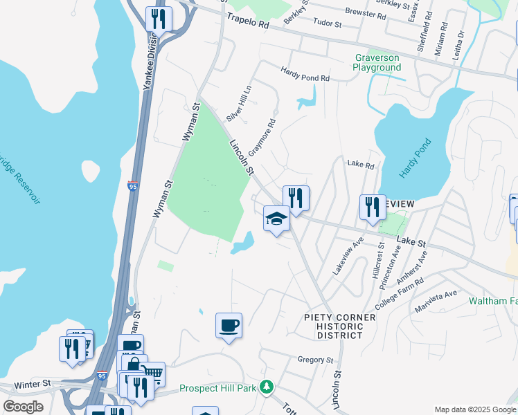 map of restaurants, bars, coffee shops, grocery stores, and more near 550 Lincoln Street in Waltham