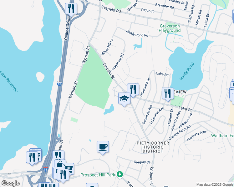 map of restaurants, bars, coffee shops, grocery stores, and more near 550 Lincoln Street in Waltham