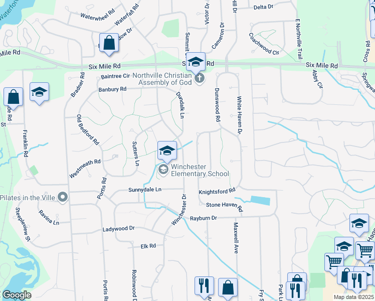 map of restaurants, bars, coffee shops, grocery stores, and more near 16235 Winchester Drive in Northville