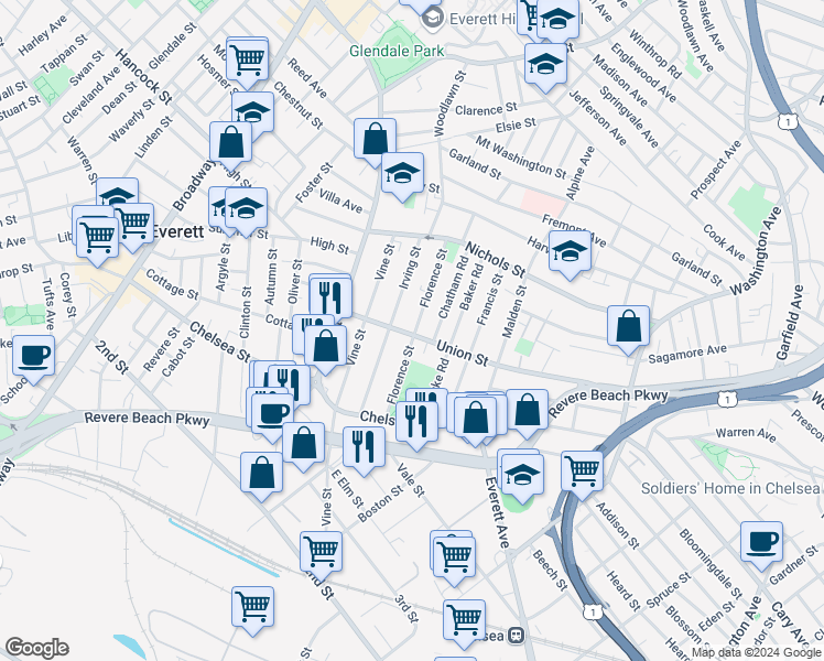 map of restaurants, bars, coffee shops, grocery stores, and more near 78 Florence Street in Everett
