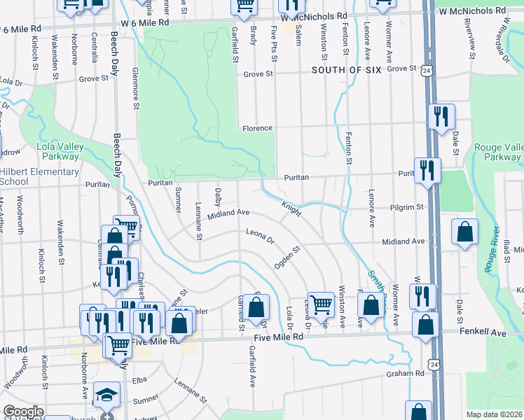 map of restaurants, bars, coffee shops, grocery stores, and more near 24993 Midland in Redford Charter Township