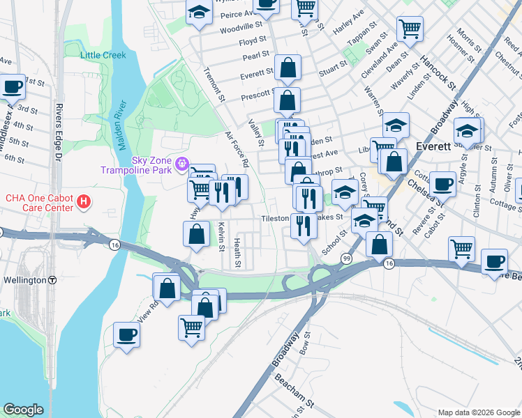 map of restaurants, bars, coffee shops, grocery stores, and more near 48 Tileston Street in Everett