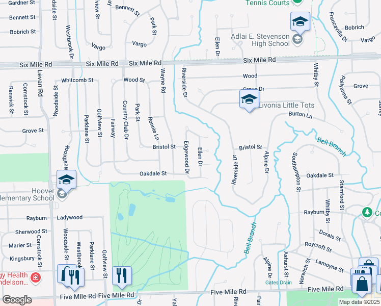 map of restaurants, bars, coffee shops, grocery stores, and more near 16213 Ellen Drive in Livonia
