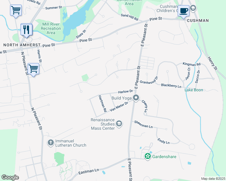 map of restaurants, bars, coffee shops, grocery stores, and more near 65 Harlow Drive in Amherst