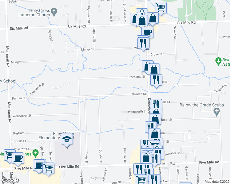 map of restaurants, bars, coffee shops, grocery stores, and more near 29748 Puritan Street in Livonia