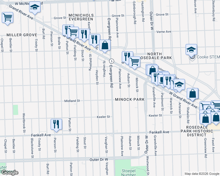 map of restaurants, bars, coffee shops, grocery stores, and more near 15731 Evergreen Road in Detroit