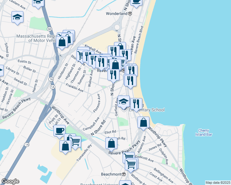map of restaurants, bars, coffee shops, grocery stores, and more near 75 Garfield Avenue in Revere