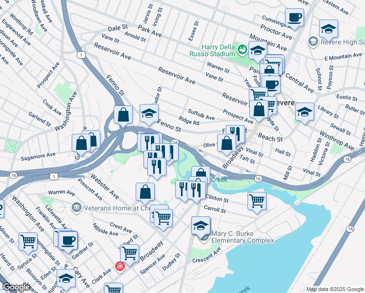 map of restaurants, bars, coffee shops, grocery stores, and more near 1004-1008 Revere Beach Parkway in Revere