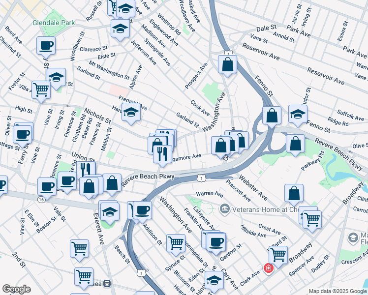 map of restaurants, bars, coffee shops, grocery stores, and more near 50 Sagamore Avenue in Chelsea