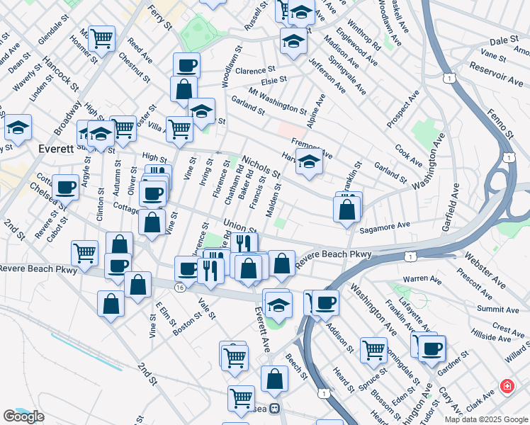 map of restaurants, bars, coffee shops, grocery stores, and more near 130 Union Street in Everett