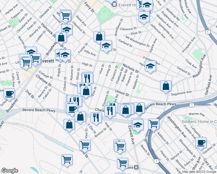 map of restaurants, bars, coffee shops, grocery stores, and more near 21 Florence Street in Everett
