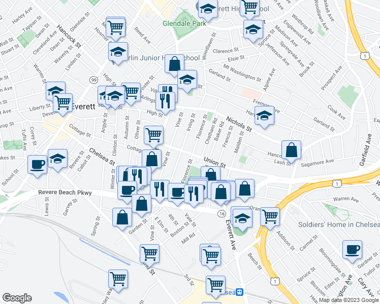 map of restaurants, bars, coffee shops, grocery stores, and more near 21 Florence Street in Everett