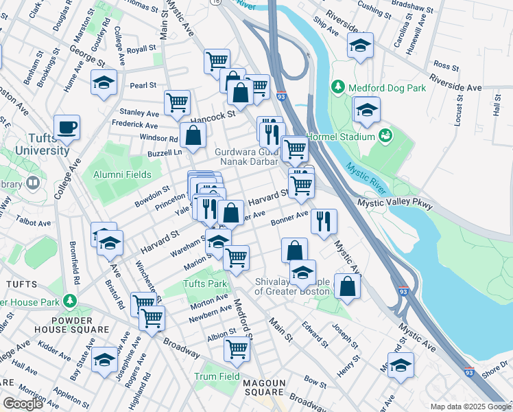map of restaurants, bars, coffee shops, grocery stores, and more near 81 Alexander Avenue in Medford