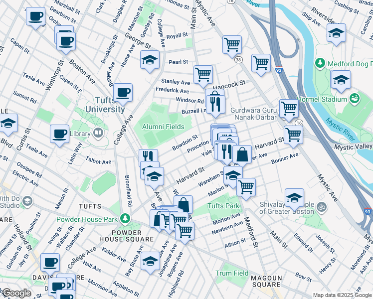 map of restaurants, bars, coffee shops, grocery stores, and more near 102 Princeton Street in Medford