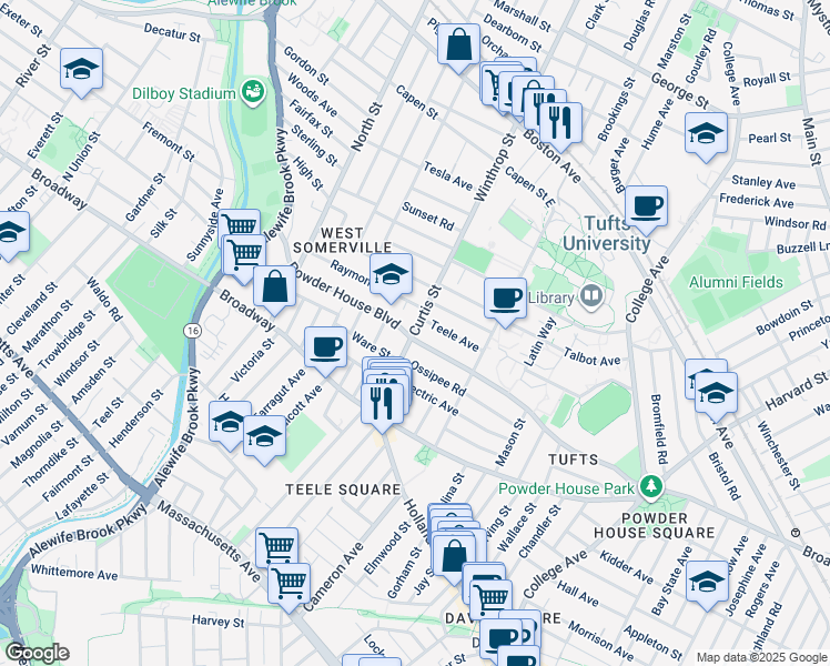 map of restaurants, bars, coffee shops, grocery stores, and more near 156 Powder House Boulevard in Somerville