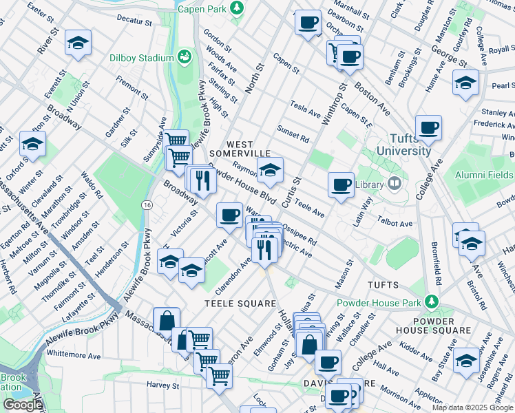 map of restaurants, bars, coffee shops, grocery stores, and more near in Somerville