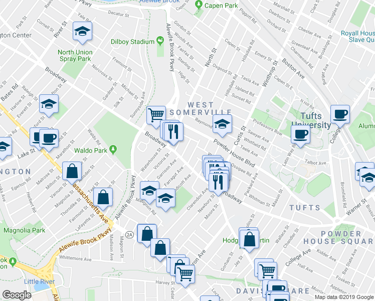 map of restaurants, bars, coffee shops, grocery stores, and more near 1249 Broadway in Somerville