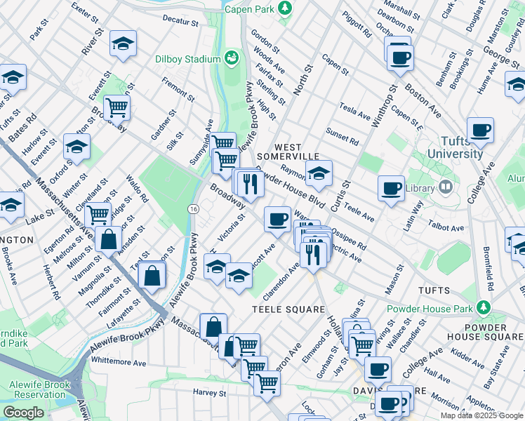 map of restaurants, bars, coffee shops, grocery stores, and more near 1249 Broadway in Somerville