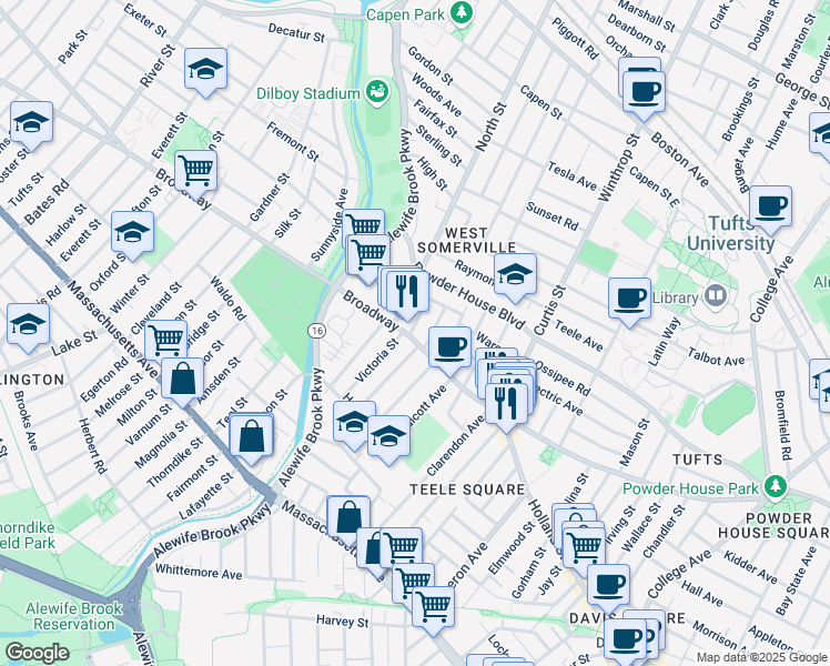 map of restaurants, bars, coffee shops, grocery stores, and more near 1249 Broadway in Somerville