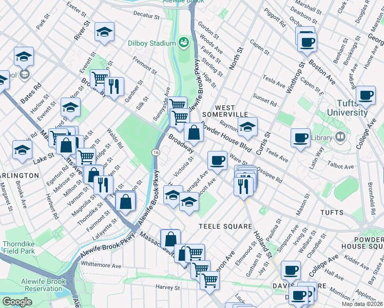 map of restaurants, bars, coffee shops, grocery stores, and more near 18 Victoria Street in Somerville