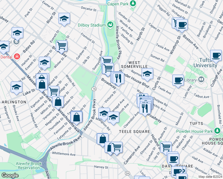 map of restaurants, bars, coffee shops, grocery stores, and more near 18 Victoria Street in Somerville