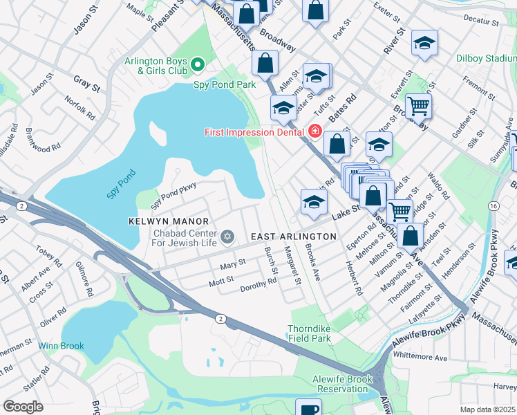 map of restaurants, bars, coffee shops, grocery stores, and more near 27 Pondview Road in Arlington