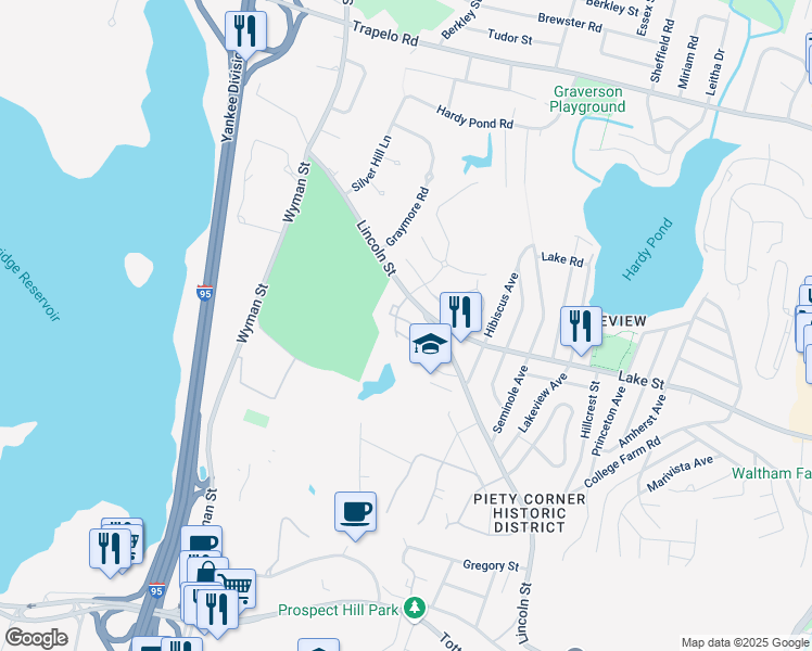 map of restaurants, bars, coffee shops, grocery stores, and more near 550 Lincoln Street in Waltham