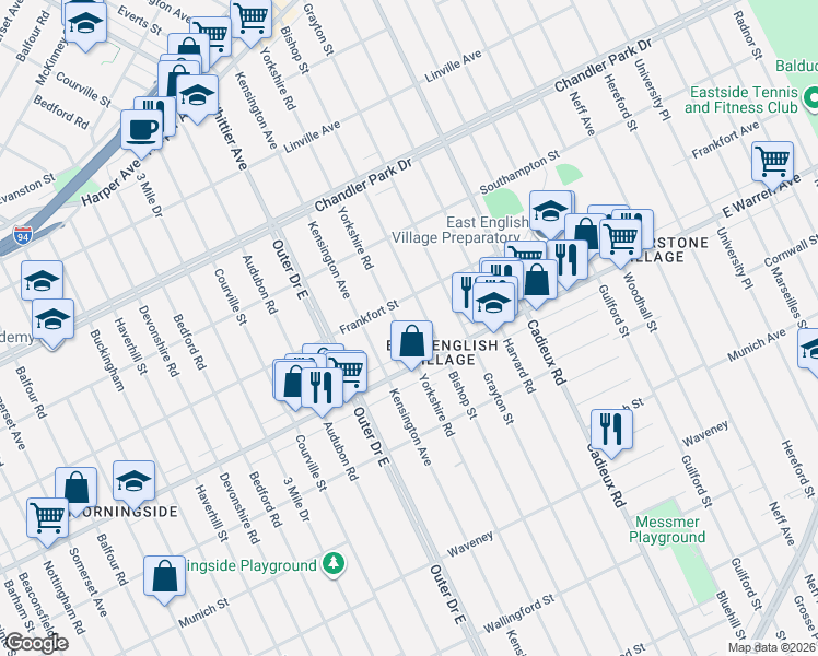 map of restaurants, bars, coffee shops, grocery stores, and more near 5043 Yorkshire Road in Detroit