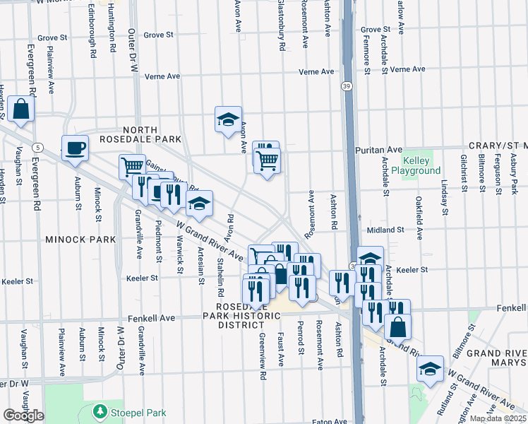 map of restaurants, bars, coffee shops, grocery stores, and more near 18645 Gainsborough Road in Detroit