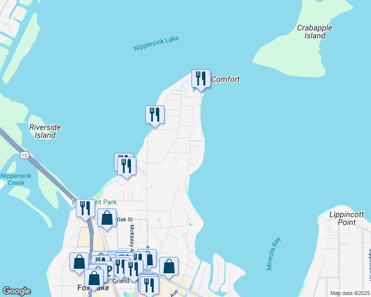 map of restaurants, bars, coffee shops, grocery stores, and more near 89 Maude Avenue in Fox Lake