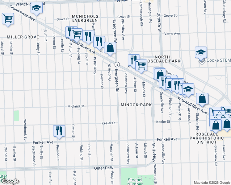 map of restaurants, bars, coffee shops, grocery stores, and more near 15731 Evergreen Road in Detroit