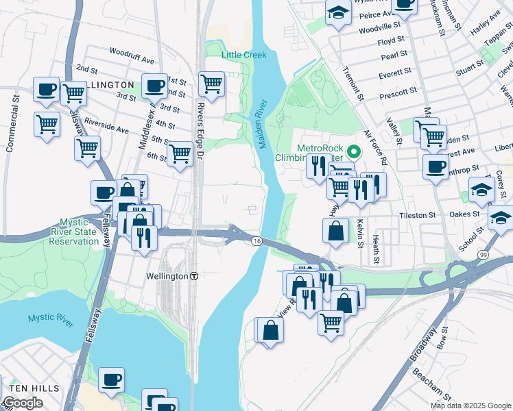 map of restaurants, bars, coffee shops, grocery stores, and more near 5 Cabot Road in Medford