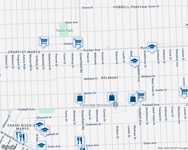 map of restaurants, bars, coffee shops, grocery stores, and more near 15717 Whitcomb Avenue in Detroit