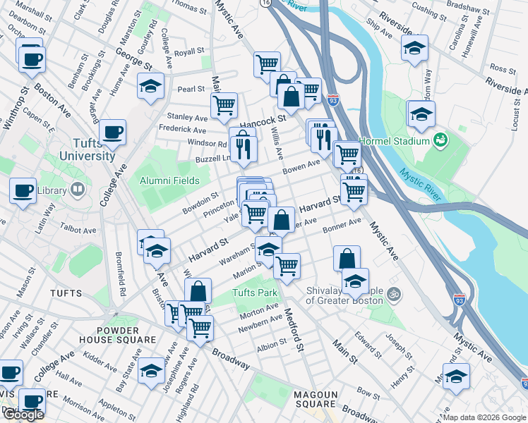 map of restaurants, bars, coffee shops, grocery stores, and more near 371 Main Street in Medford