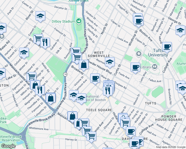 map of restaurants, bars, coffee shops, grocery stores, and more near 1249 Broadway in Somerville