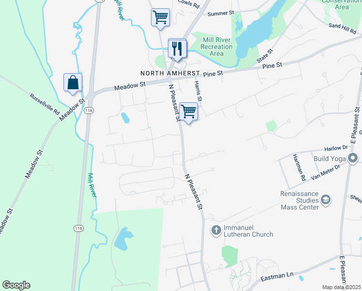 map of restaurants, bars, coffee shops, grocery stores, and more near 1073 North Pleasant Street in Amherst