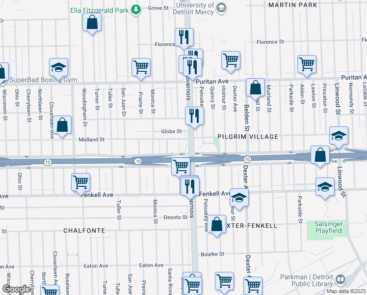 map of restaurants, bars, coffee shops, grocery stores, and more near 15502 Livernois in Detroit