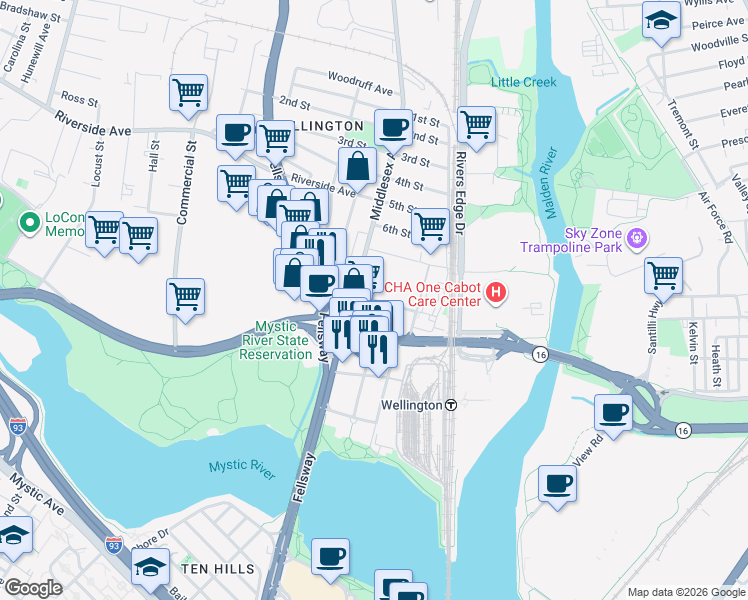 map of restaurants, bars, coffee shops, grocery stores, and more near 20 Revere Beach Parkway in Medford