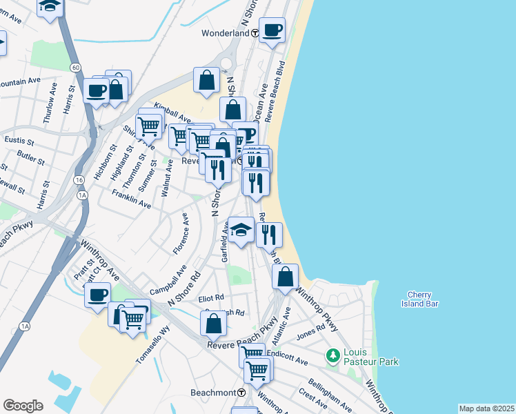 map of restaurants, bars, coffee shops, grocery stores, and more near 18 Avalon Street in Revere
