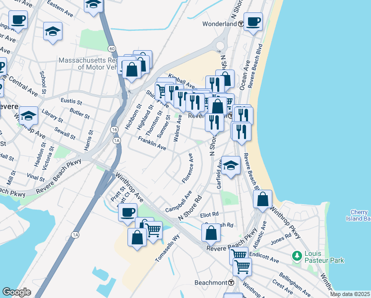 map of restaurants, bars, coffee shops, grocery stores, and more near 14 Arlington Avenue in Revere