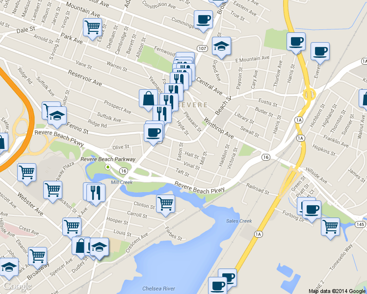 map of restaurants, bars, coffee shops, grocery stores, and more near 74 Vinal Street in Revere