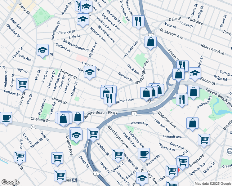 map of restaurants, bars, coffee shops, grocery stores, and more near 50 Sagamore Avenue in Chelsea